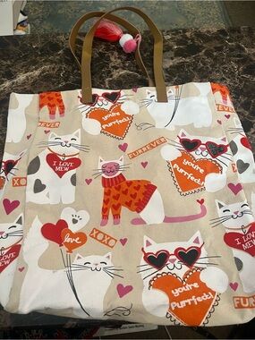 Canvas Cat Print Tote Bag in Beige and Pink